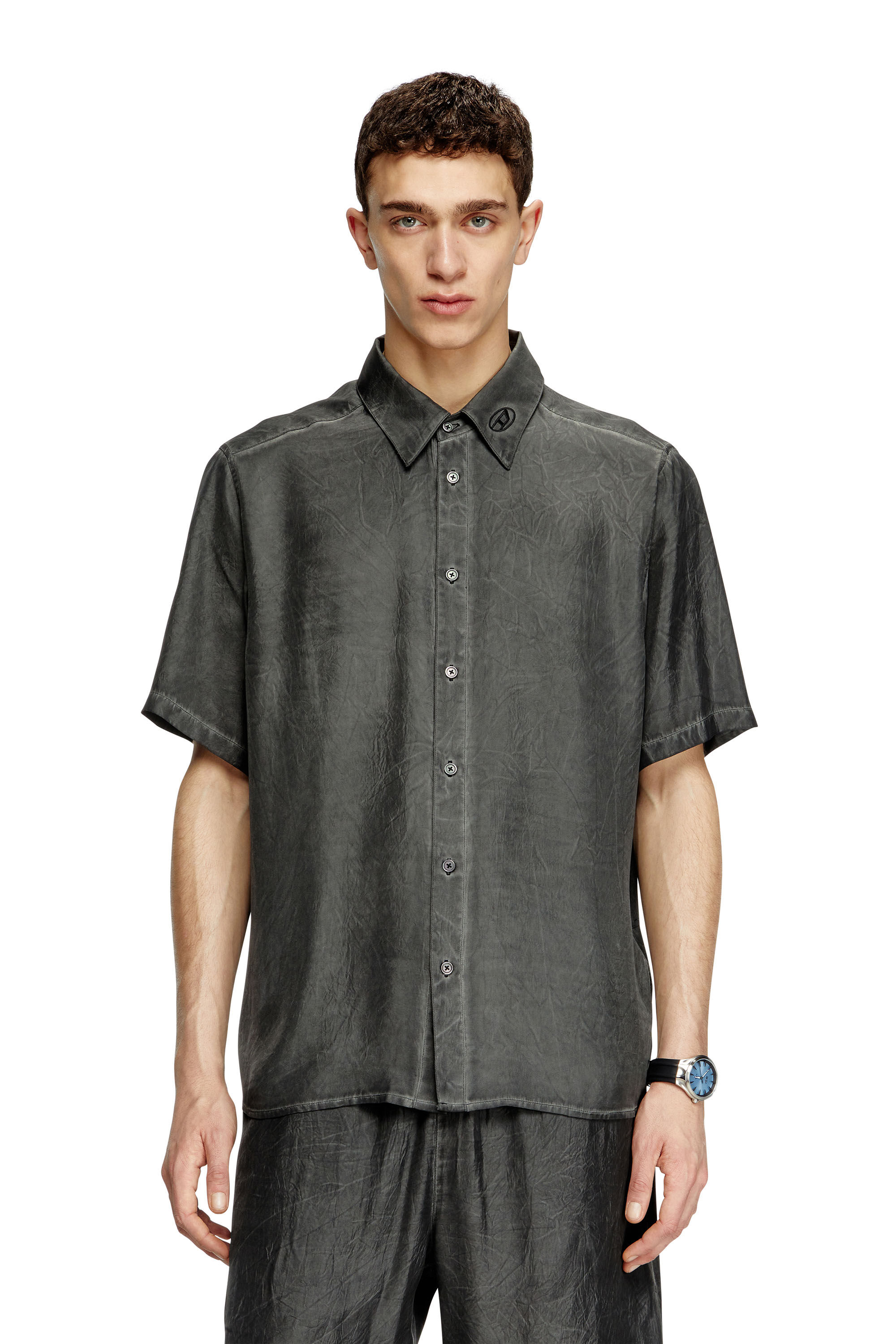 Diesel - S-LEON-SHORT, Camisa arrugada de manga corta con cuello con logotipo Unisex in Negro - 3