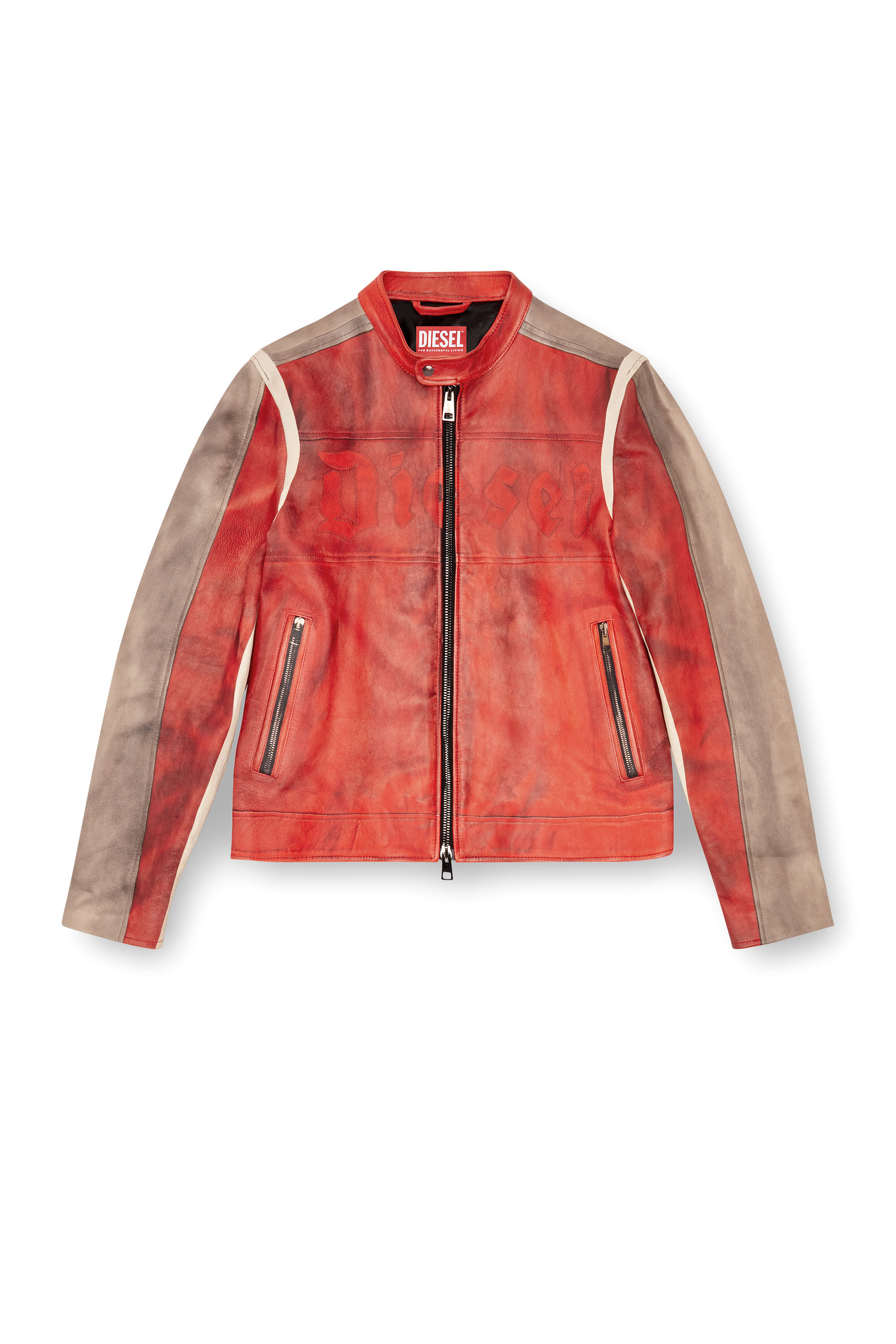 Diesel - L-RUSCHA, Chaqueta biker de cuero con efecto de suciedad Hombre in Rojo - 2