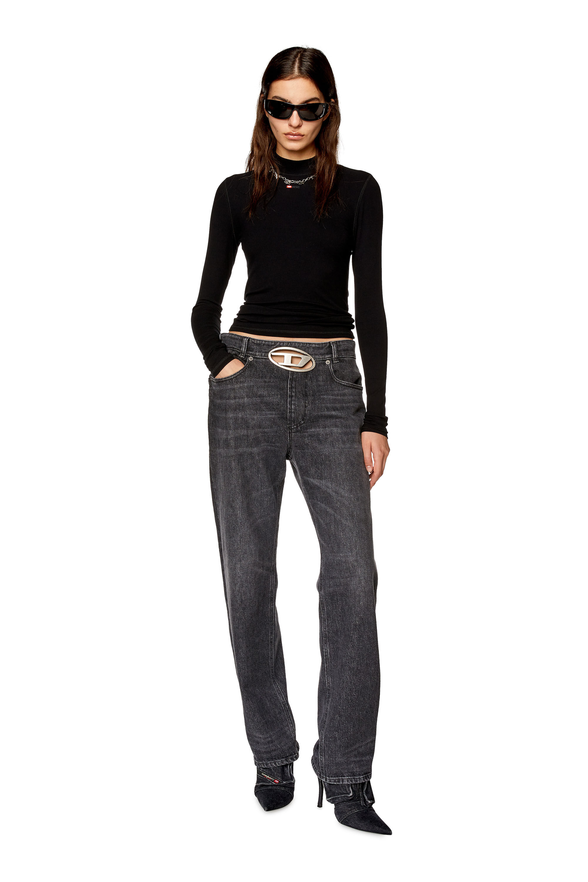 Diesel - T-MOKKY-LS-MICRODIV, Top en canalé con medio cuello alto Mujer in Negro - 1
