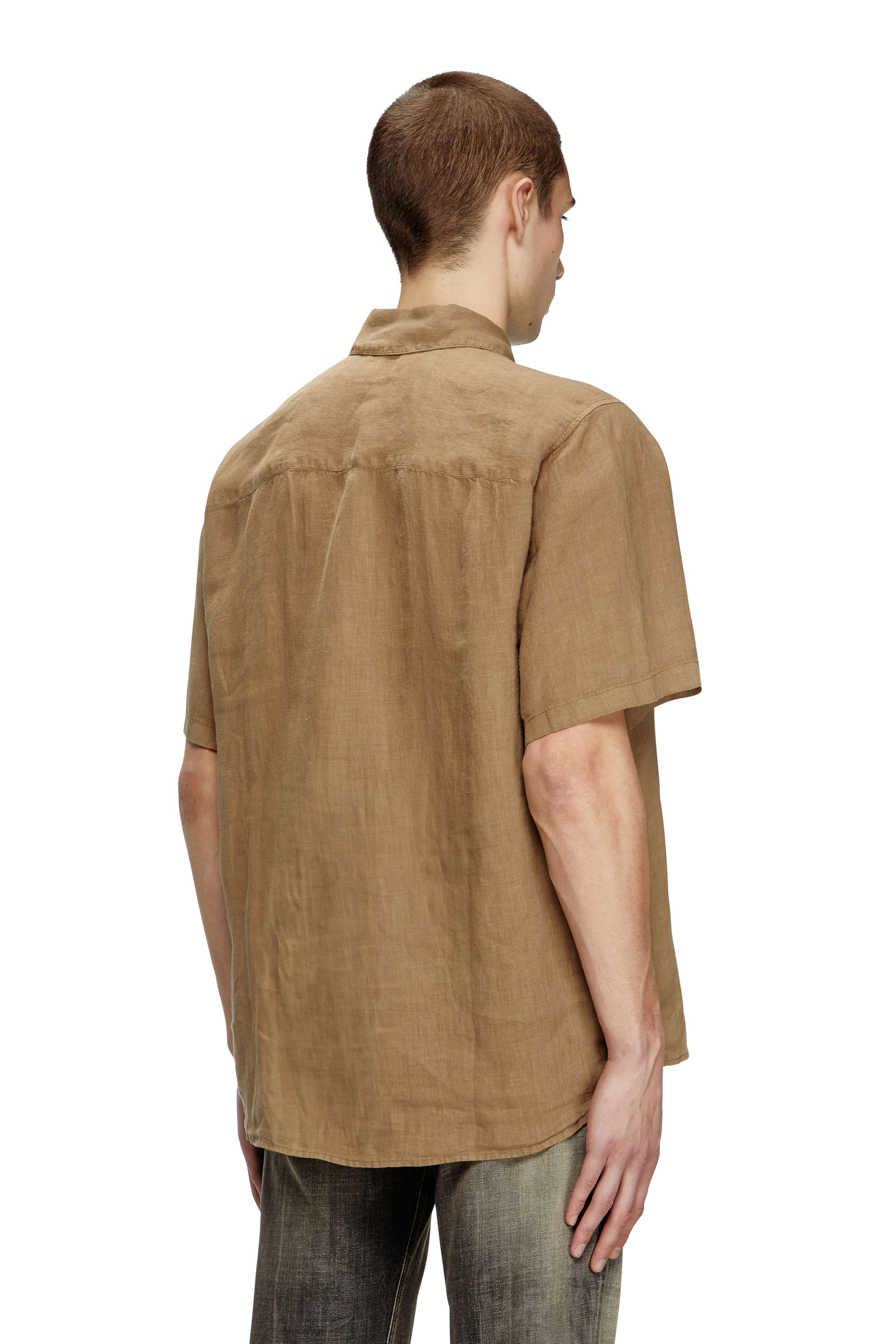 Diesel - S-UCCLE-A, Man's Short-sleeve linen shirt with logo collar in Brown - 2