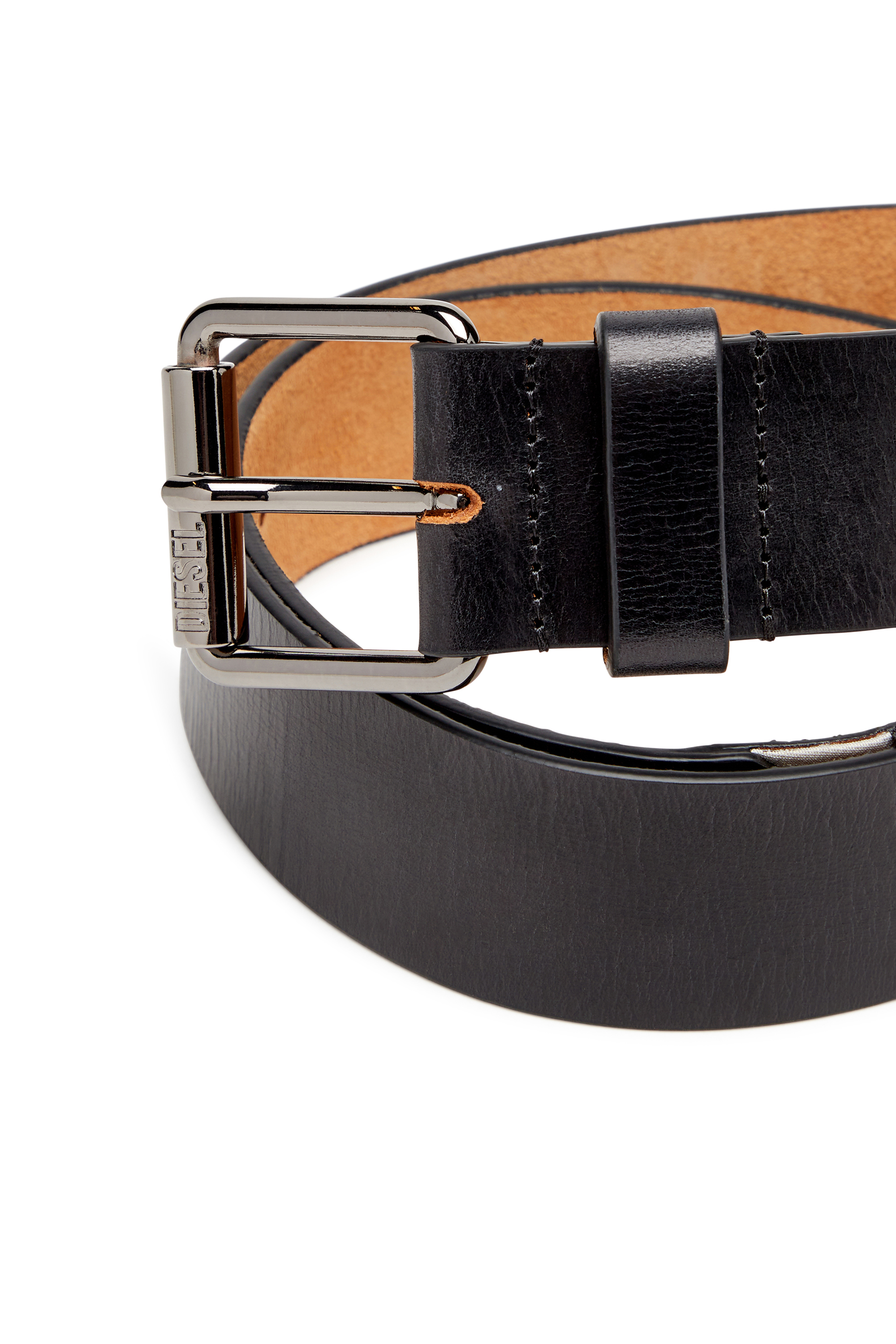 Diesel - B-FLAG, Man's Leather belt with fifth pocket logo flag in Black - 4