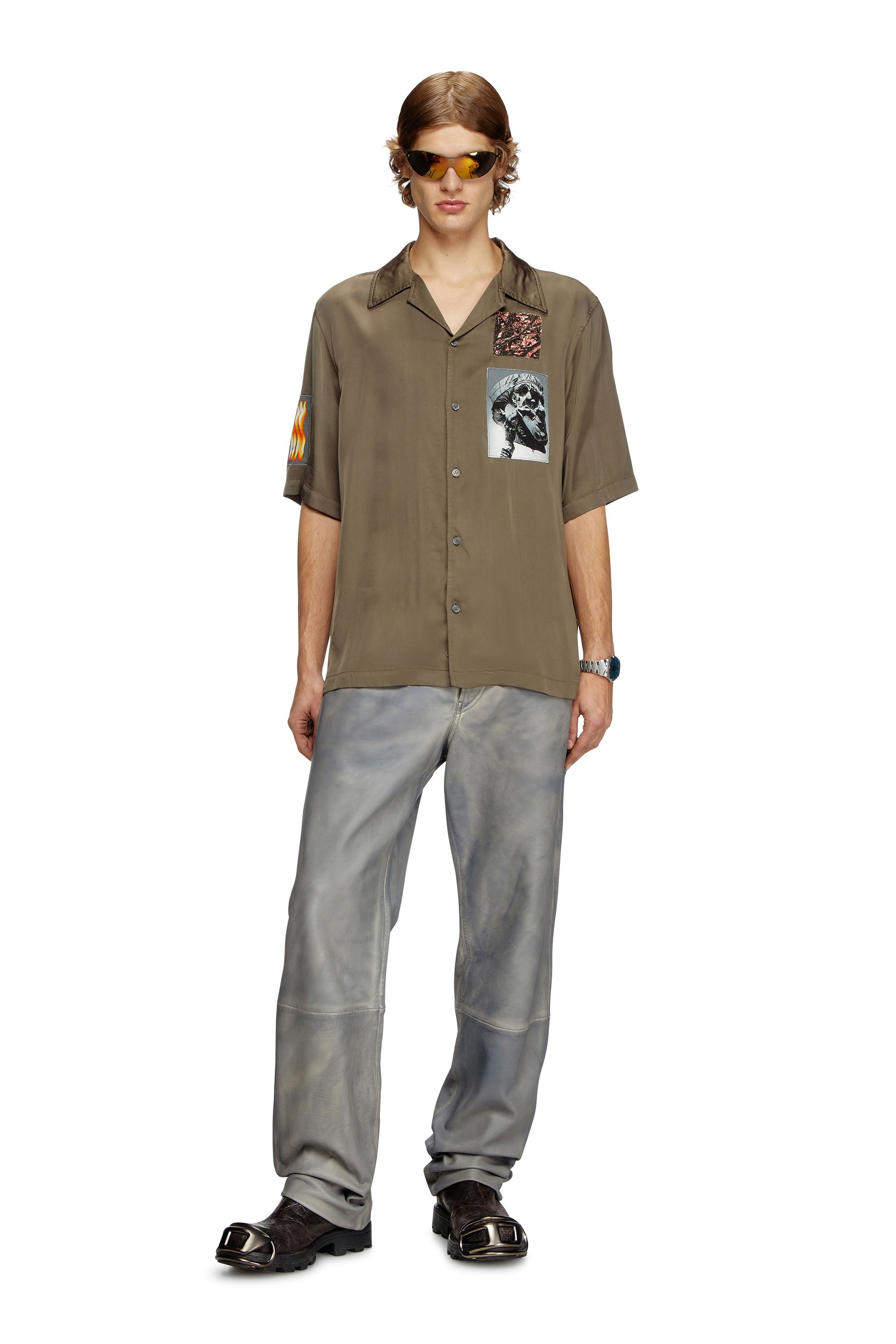 Diesel - S-DAXHE, Man's Short-sleeve satin shirt with patches in Military Green - 3