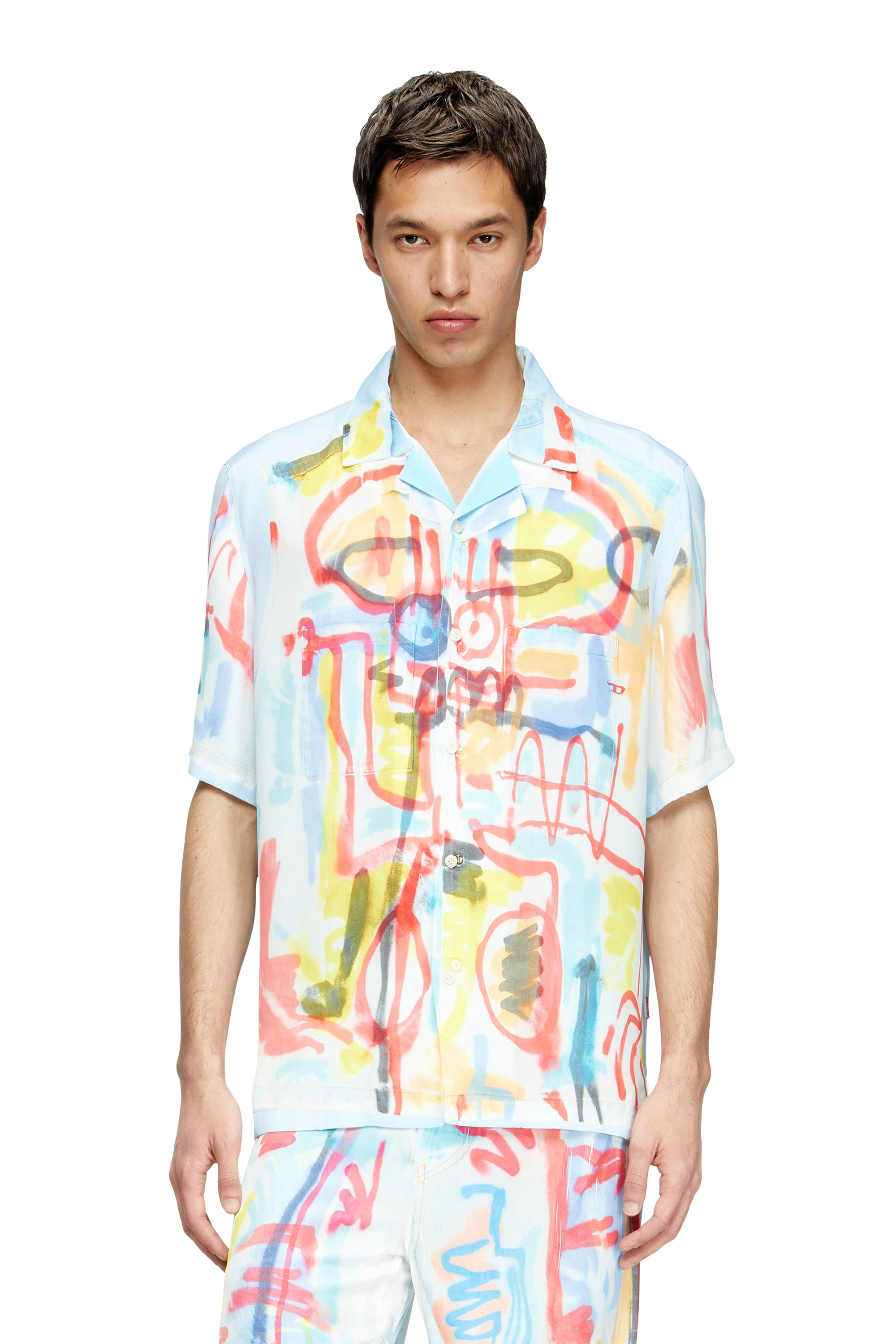 Diesel - C-PAROSHORT-GRAFFITI-AFR, Camisa de bolos de satén con estampado graffiti Unisex in Azul marino - 2