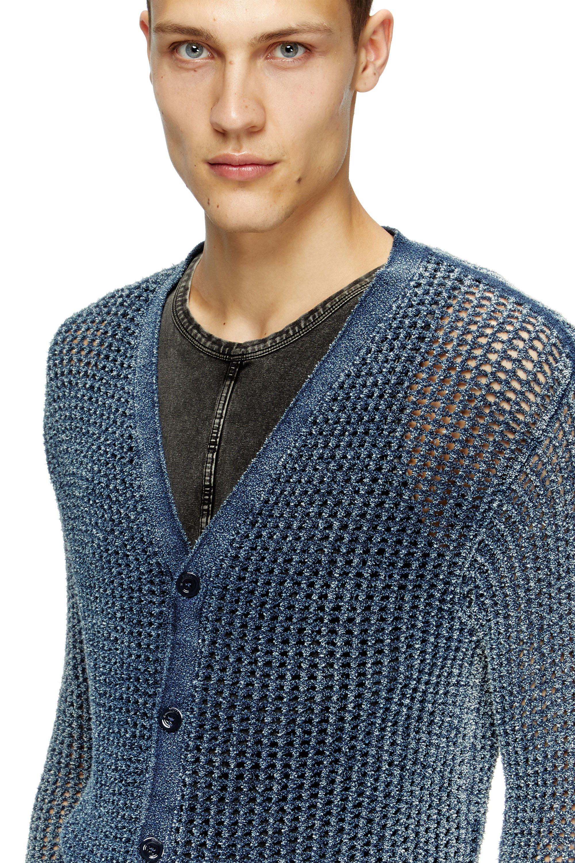 Diesel - K-REDRAM, Man's Mesh-knit cardigan in denim yarn in Blue - 4