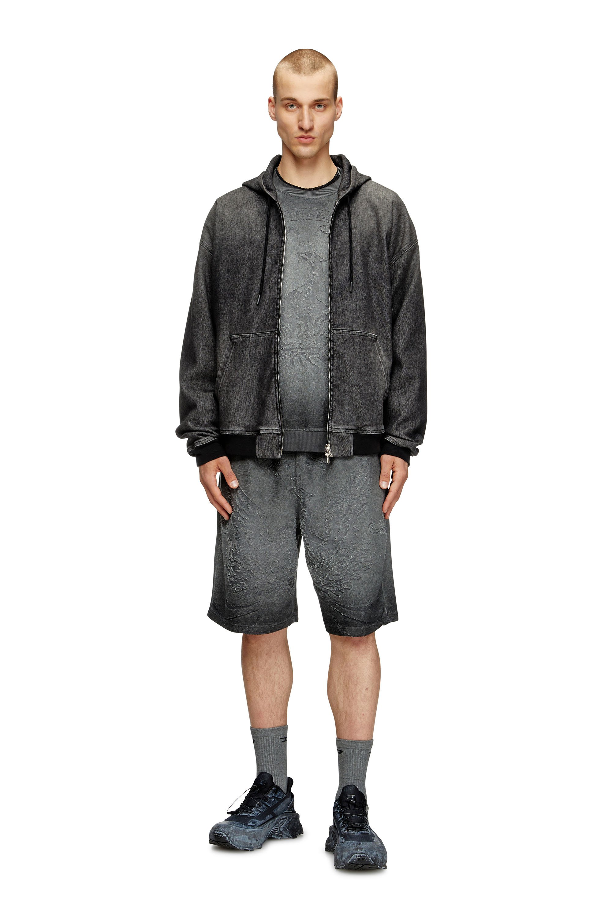 Diesel - P-CROWDE, Man's Sweat shorts with phoenix devoré in Dark grey - 3