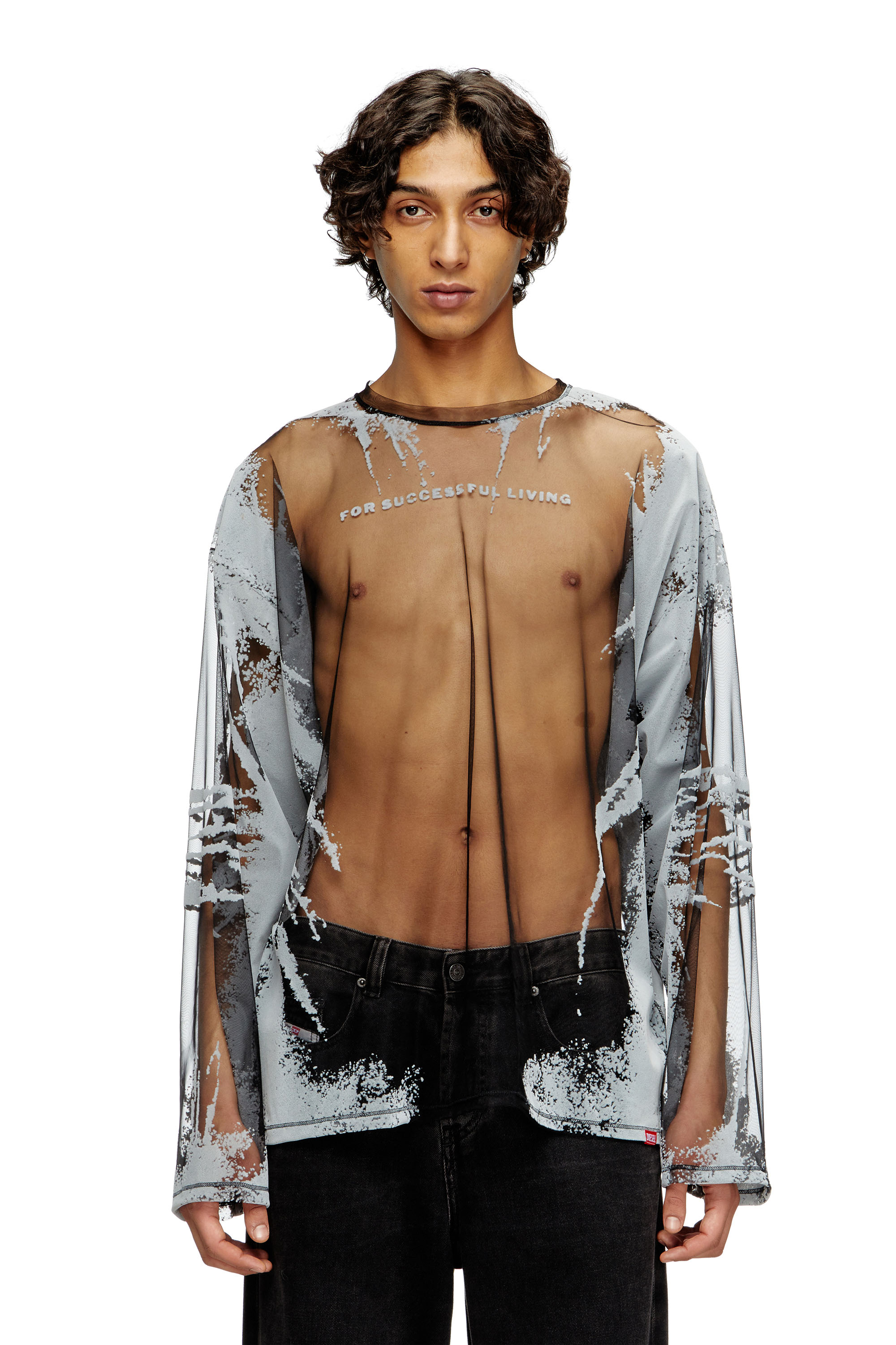 Diesel - T-HASSAN-LS-A, Camiseta de nailon con estampado de letras de canciones y manga larga Unisex in Negro - 2