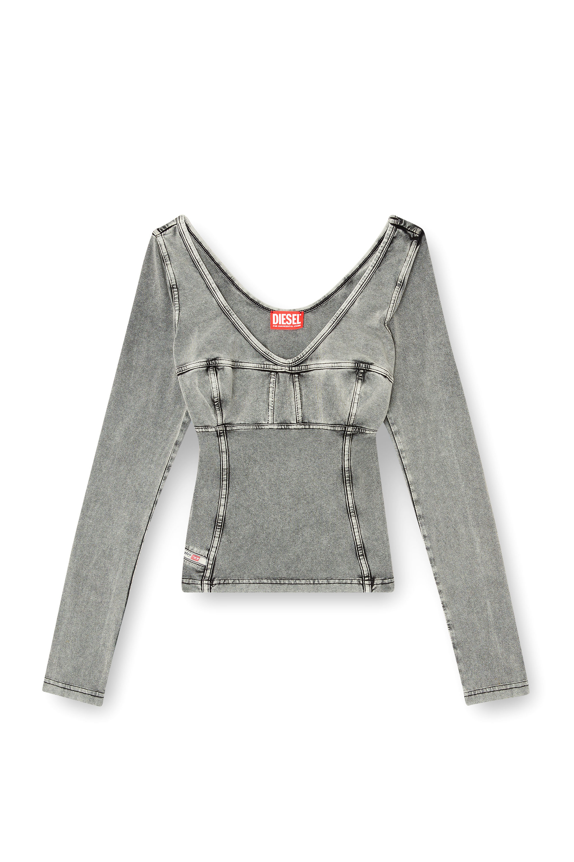 Diesel - T-ELIN, Camiseta de manga larga con efecto denim Mujer in Gris - 4