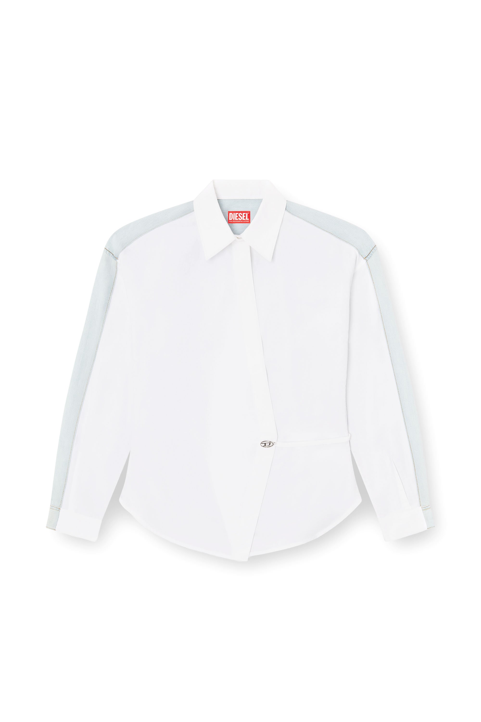 Diesel - C-DELPHI-DEN, Woman's Wrap shirt in poplin and denim in Blue/White - 4