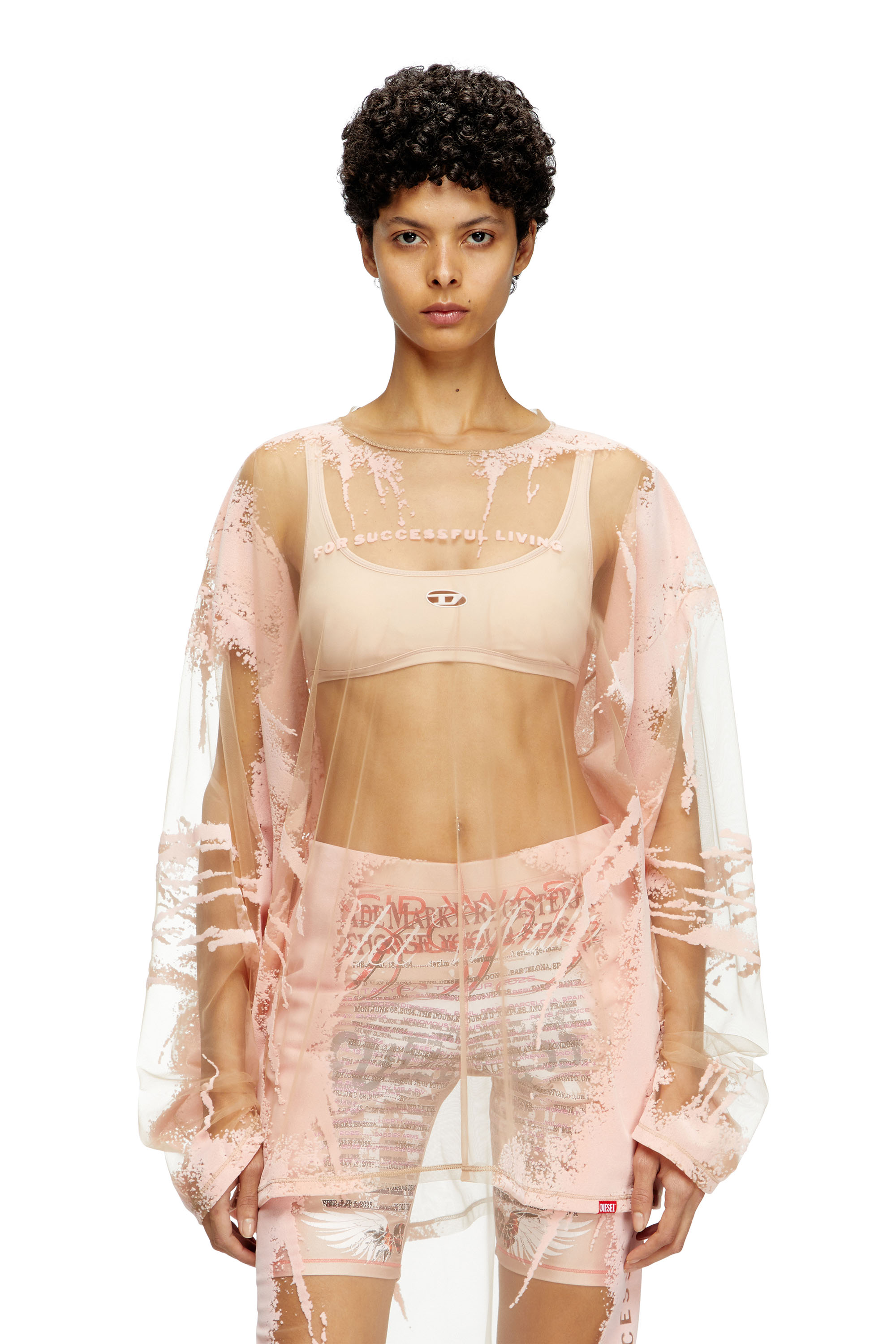 Diesel - T-HASSAN-LS-A, Camiseta de nailon con estampado de letras de canciones y manga larga Unisex in Rosa - 1